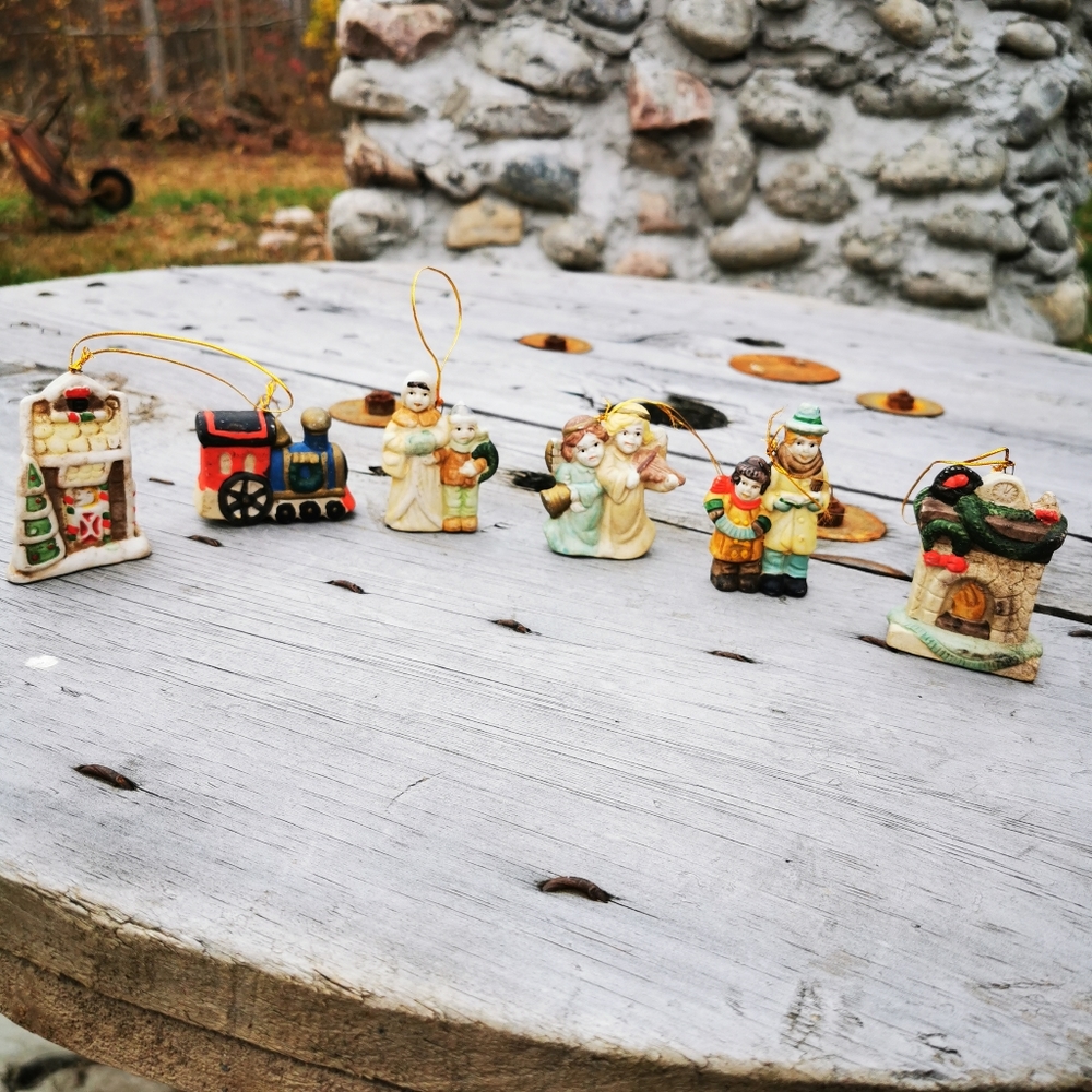 Vintage Bisque Porcelain Hand-painted Christmas Ornaments ~ Set of 6